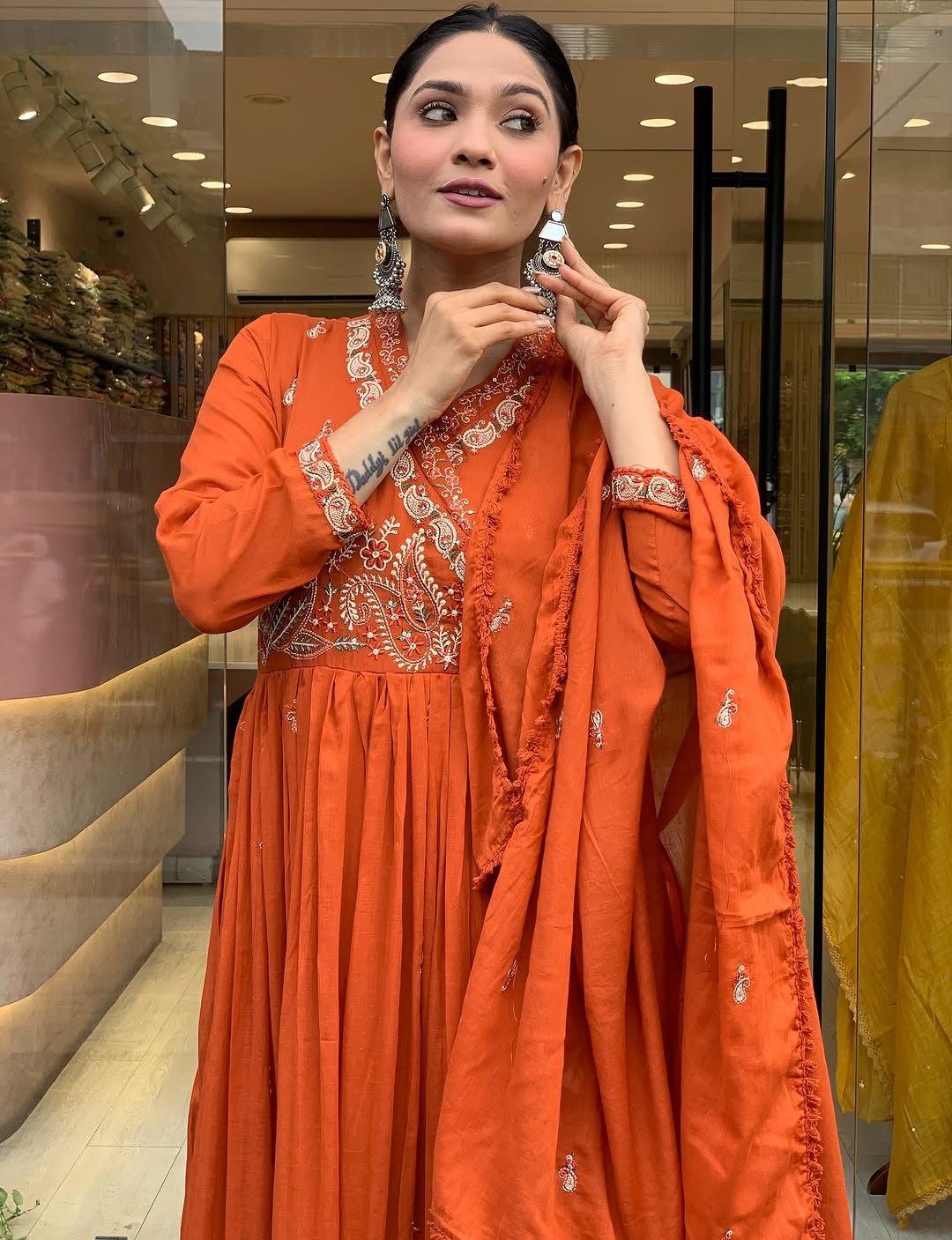 🧡 Rust Orange Georgette Anarkali Kurta Set with Golden Embroidery & Dupatta – Festive Wear for Women