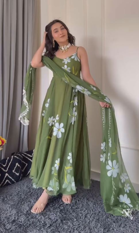 Classy Digital Printed Green and Yellow Color Gown