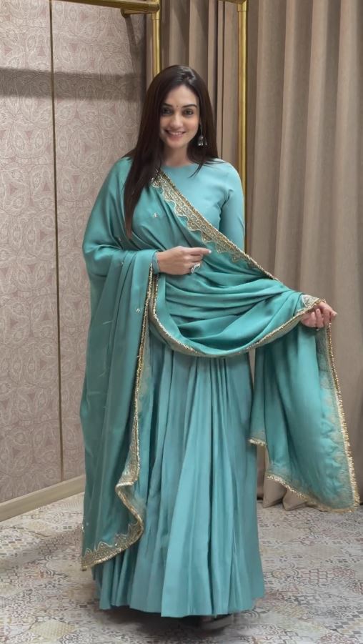 Rama Blue Embroidery Border Work Long Anarkali Gown With Duppata