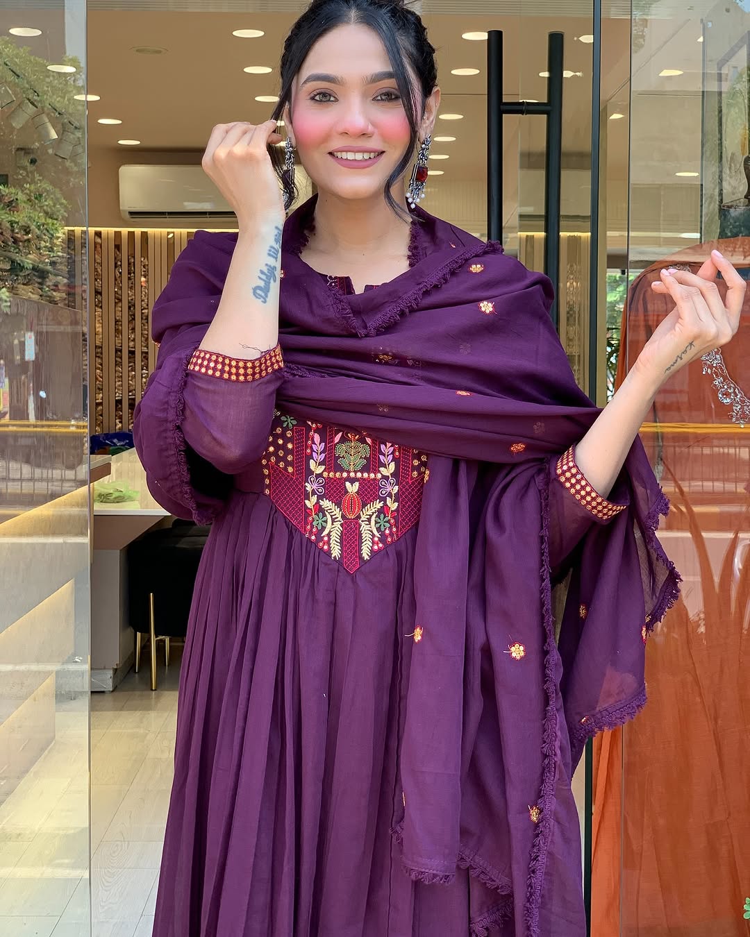 💜 Plum Purple Embroidered Anarkali Kurta Set with Sequin Work & Dupatta