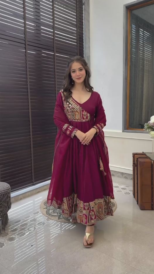 Share Luxurious Maroon Faux Blooming Embroidered Gown