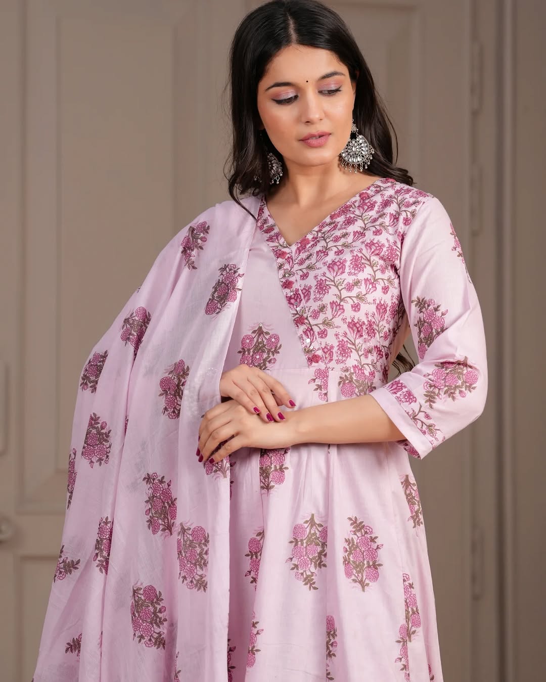 🌸 Blush Pink Floral Printed Cotton Anarkali Kurta Set with Dupatta – Stitched Ethnic Wear for Women