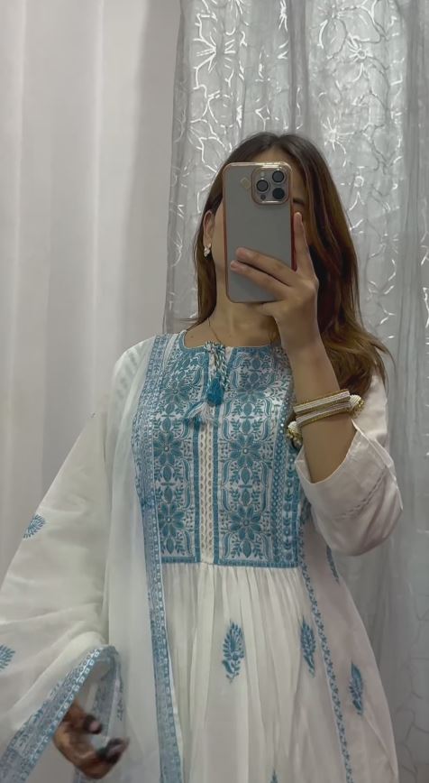 White Blue Chikankari Mul Cotton Anarkali Suit best for Summers
