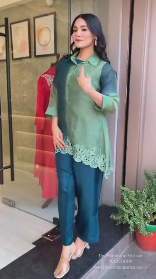🌸 Teal Green Organza Panelled Shirt Style Kurta & Pant Set with Laser Cut Hem – Designer Indo-Western Co-Ord Set for Women