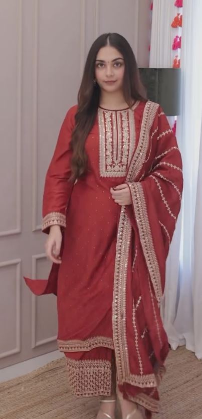 Red Cream And Light Green Kurta And Pant Silk Embroidered Suit  Set