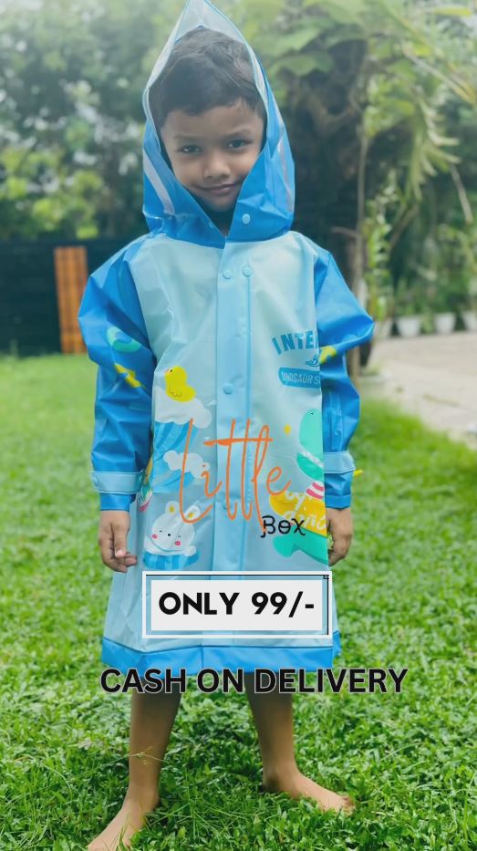 Kids Cartoon Raincoat – Blue Dinosaur Print Monsoon Coat for Boys | Waterproof Hooded Design | Age 2–8 Yrs | ₹99 Only