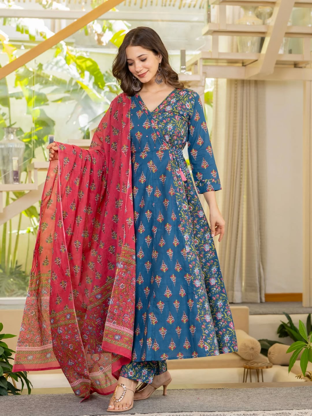 🌸 Teal Blue Floral Printed Anarkali Kurta Set with Red Printed Dupatta