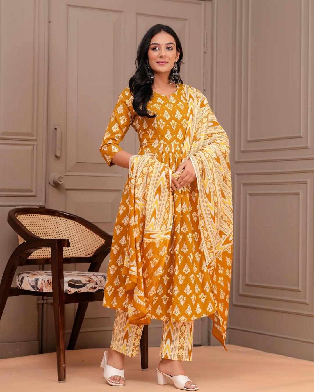 🌼 Mustard Yellow Printed Cotton Kurta Set with Contrasting Dupatta – Stitched Ethnic Wear for Women