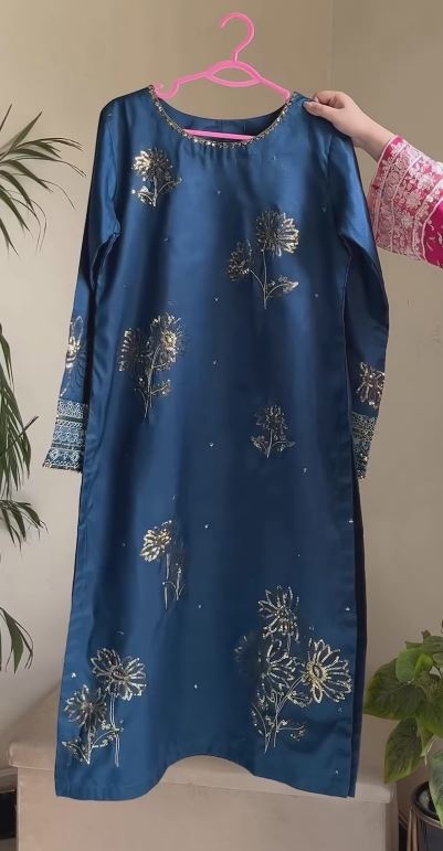 Gold Printed Work Embroidered Blue And Pink Arganza Silk Dress