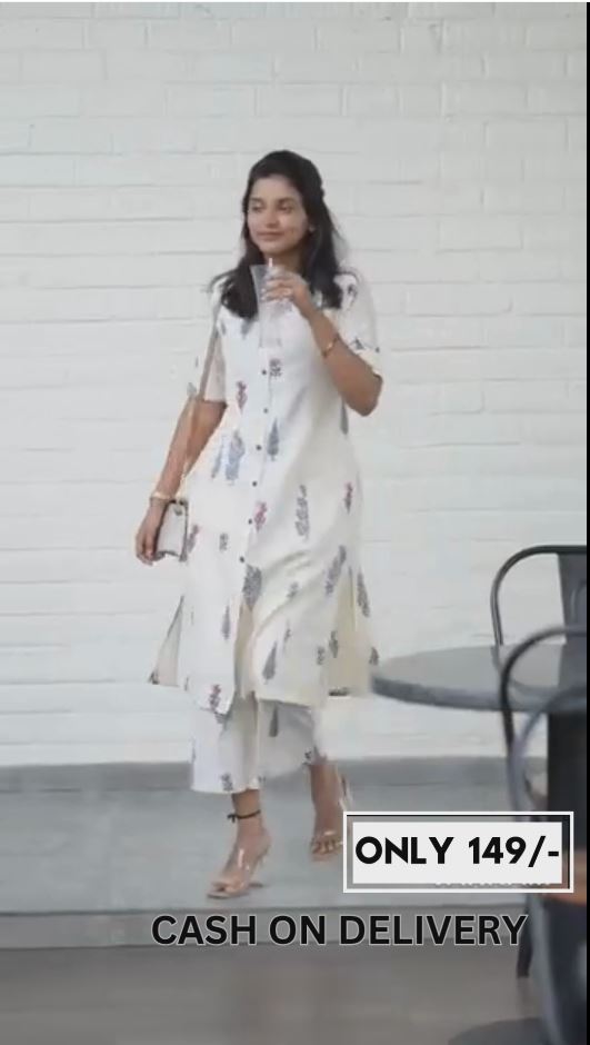 🤍 White & Multicolor Printed Cotton Co-ord Set – Stitched Kurta & Pant for Women