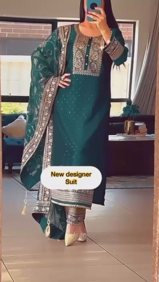 Green Kurti Pant and Dupatta Set With Sequins Embroidery Work