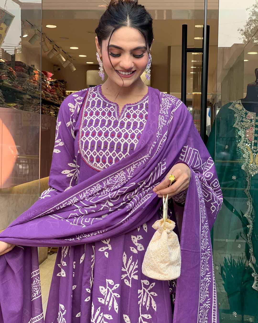 💜 Royal Purple Handblock Print Anarkali Set with Dupatta – Ethnic Grace