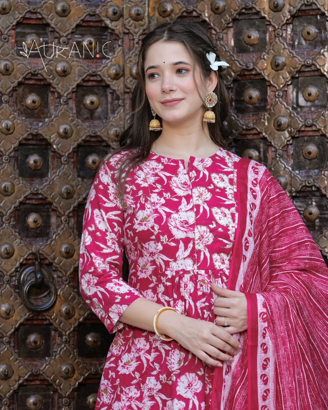 🌸 Hot Pink Floral Printed Cotton Anarkali Kurta Set with Dupatta – Stitched Ethnic Wear for Women
