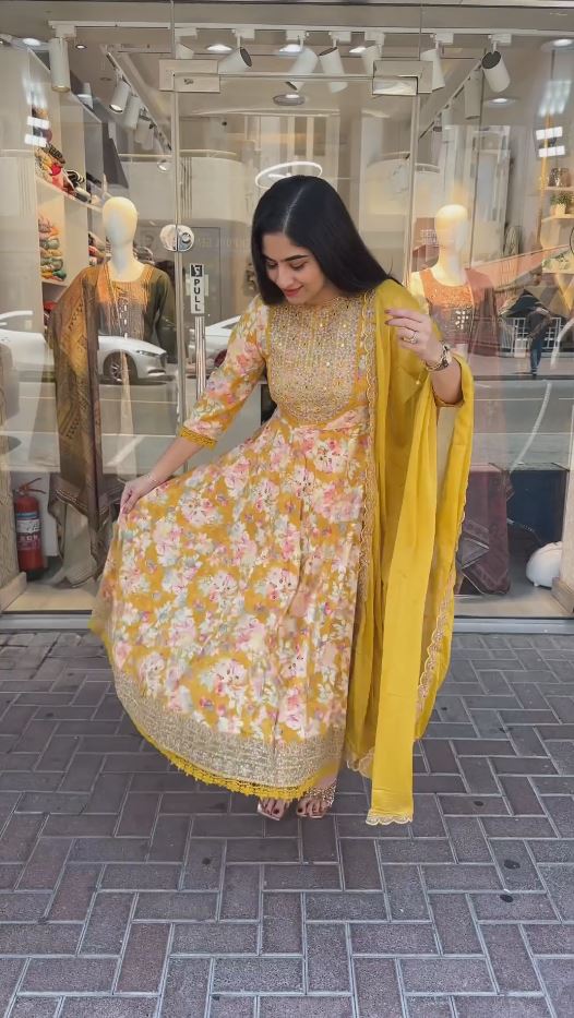 Yellow Color Floral Embroidered Sequinned Straight Kurta With Trousers & Dupatta