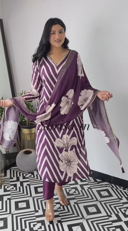 Printed Purple Embroidered Straight Kurta with Pant & Dupatta -