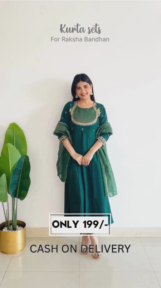 🌿 Bottle Green Mirror Work Kurta Set with Striped Dupatta | Raksha Bandhan Special | ₹199 COD