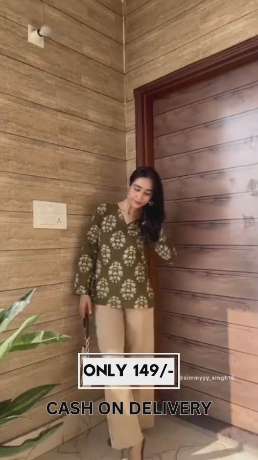 🌿 Teal Green Floral Printed Cotton Top with Flared Sleeves – Stitched Casual Wear for Women