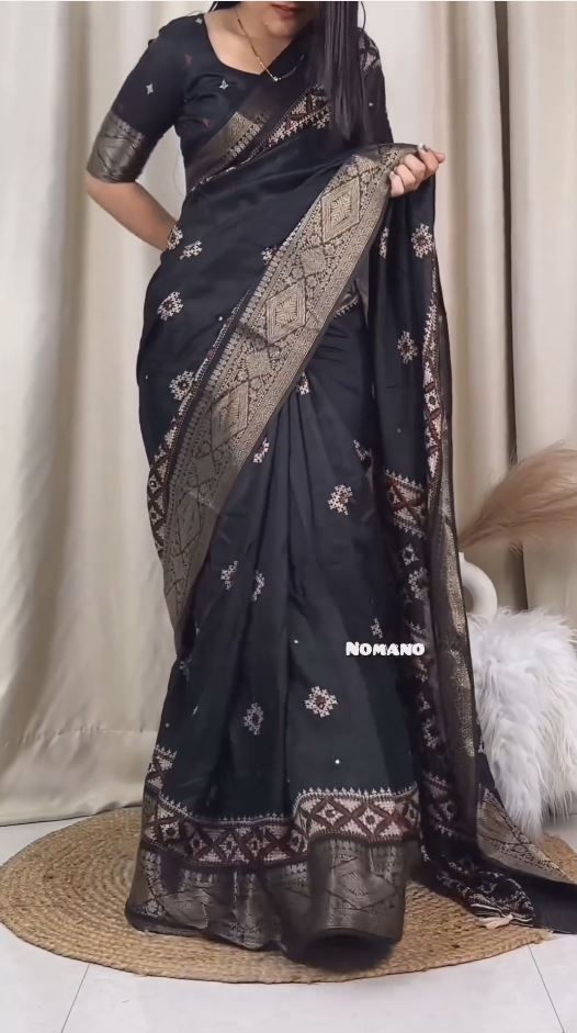 Jacquard Zari border printed Muslin Cotton Saree With Running Blouse