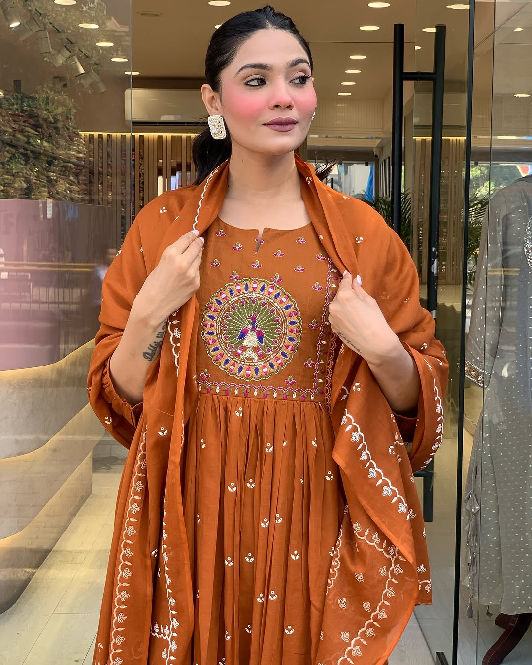 🌟 Rust Orange Mirror Embroidered Flared Kurta Set with Dupatta & Pants