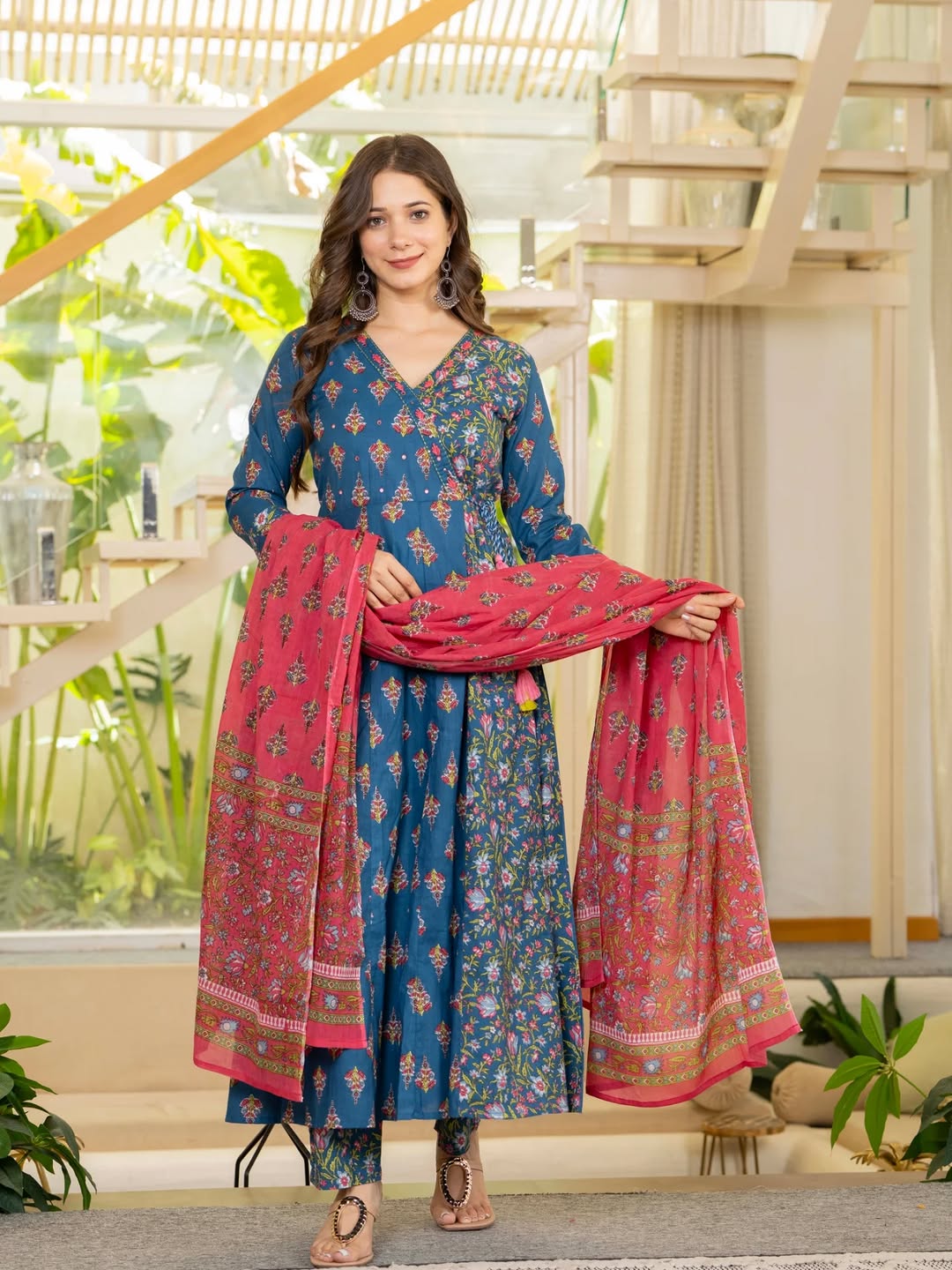 🌸 Teal Blue Floral Printed Anarkali Kurta Set with Red Printed Dupatta