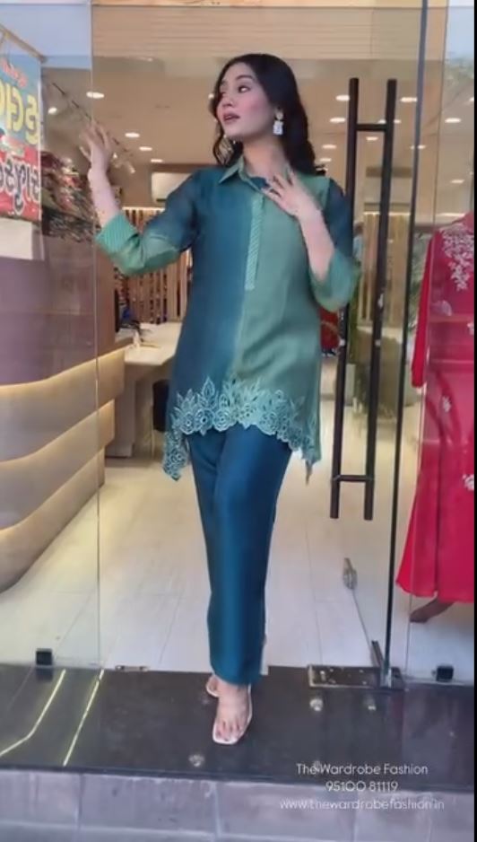 🌸 Teal Green Organza Panelled Shirt Style Kurta & Pant Set with Laser Cut Hem – Designer Indo-Western Co-Ord Set for Women