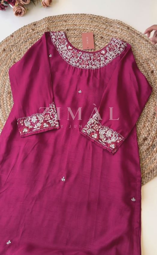 Muslin silk Embroidered kurti with pants and dupatta