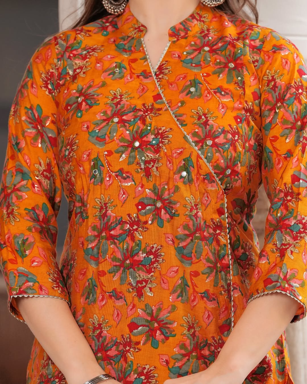 🌸 AuraniC Mustard Orange Floral Printed Embroidered Kurta Set with Dupatta | Festive Cotton Blend Straight Suit for Women