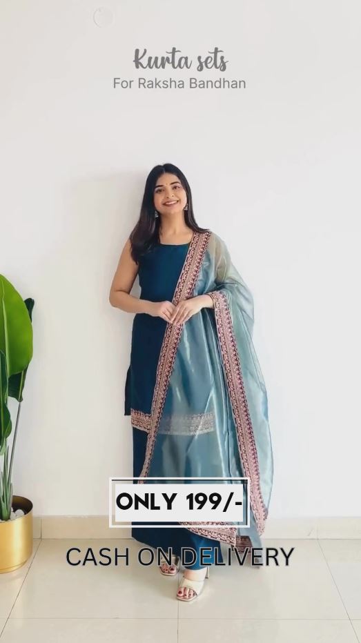Navy Blue Kurta Set with Organza Embroidered Dupatta | Festive Wear for Raksha Bandhan | ₹199 COD