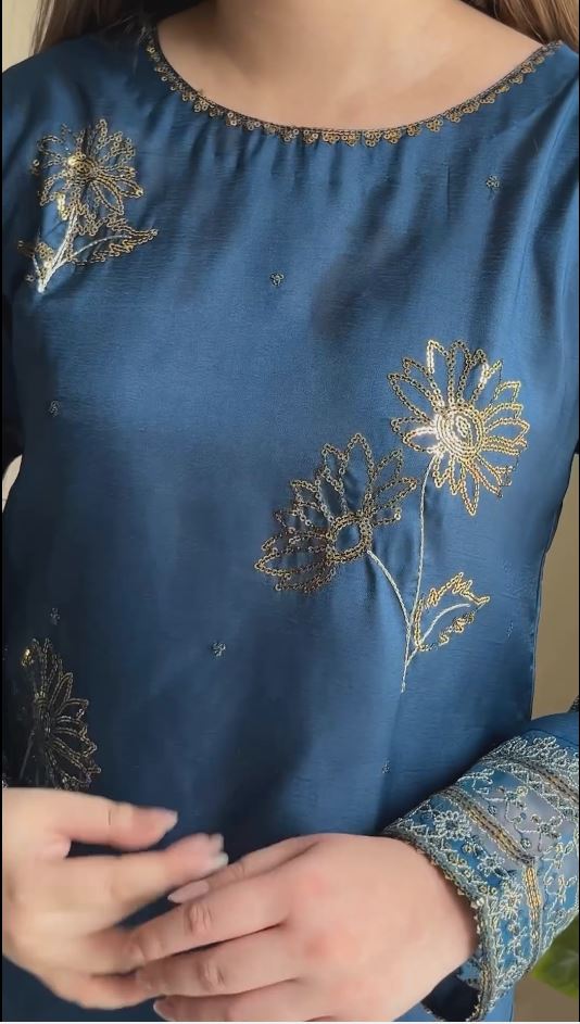 Gold Printed Work Embroidered Blue And Pink Arganza Silk Dress