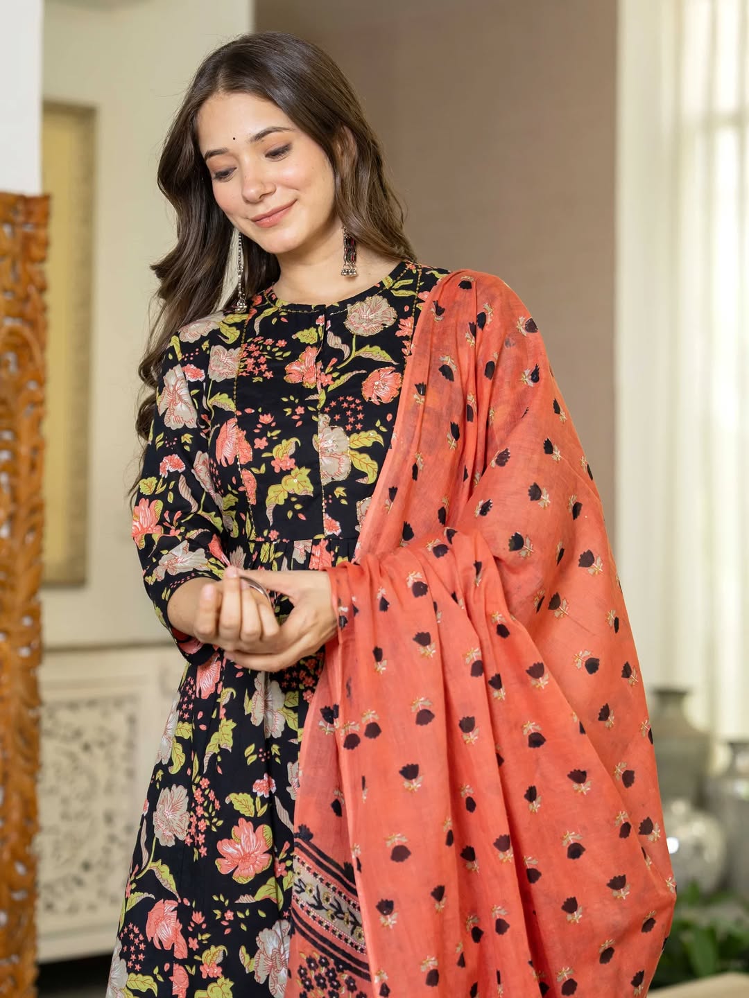🖤 Black Floral Printed Straight Kurta Set with Rust Orange Dupatta – Stitched Ethnic Wear for Women