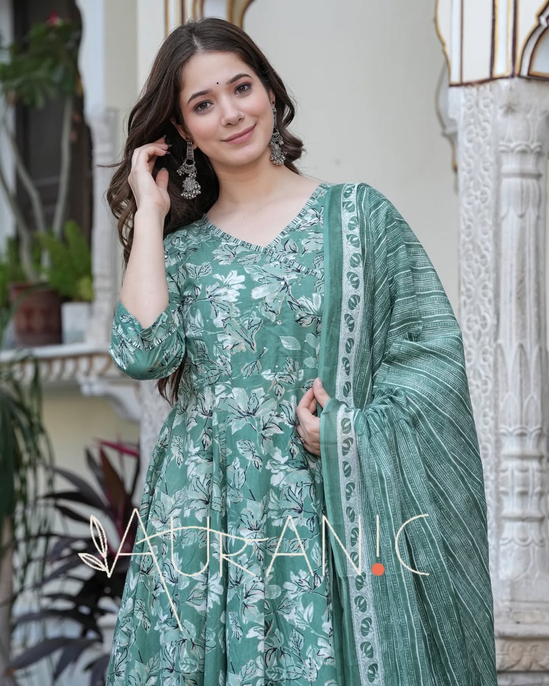 🌿 Sage Green Floral Printed Cotton Anarkali Kurta Set with Dupatta – Stitched Ethnic Wear for Women