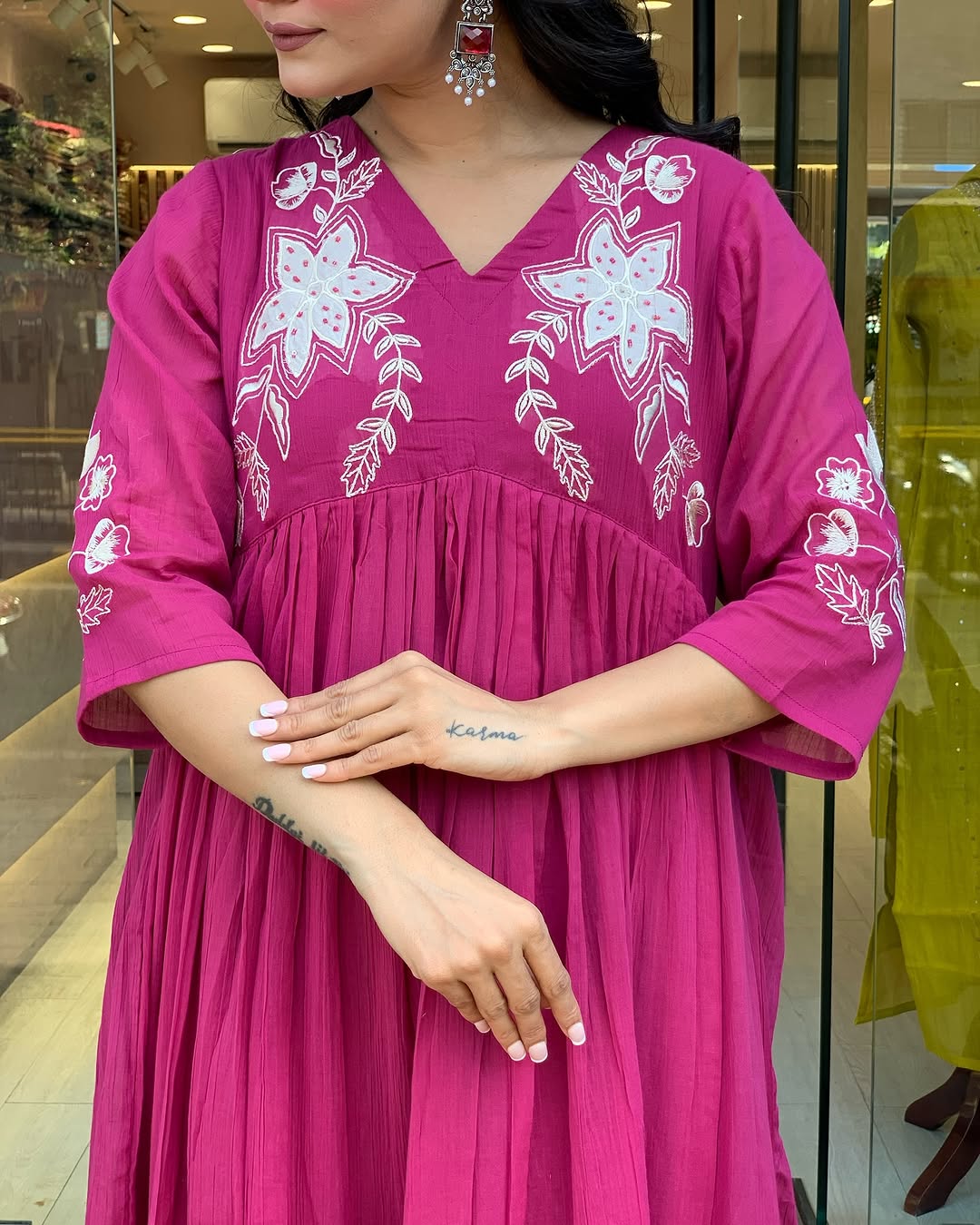 🌸 Magenta Bloom Embroidered Flared Kurta Set with Dupatta & Pants