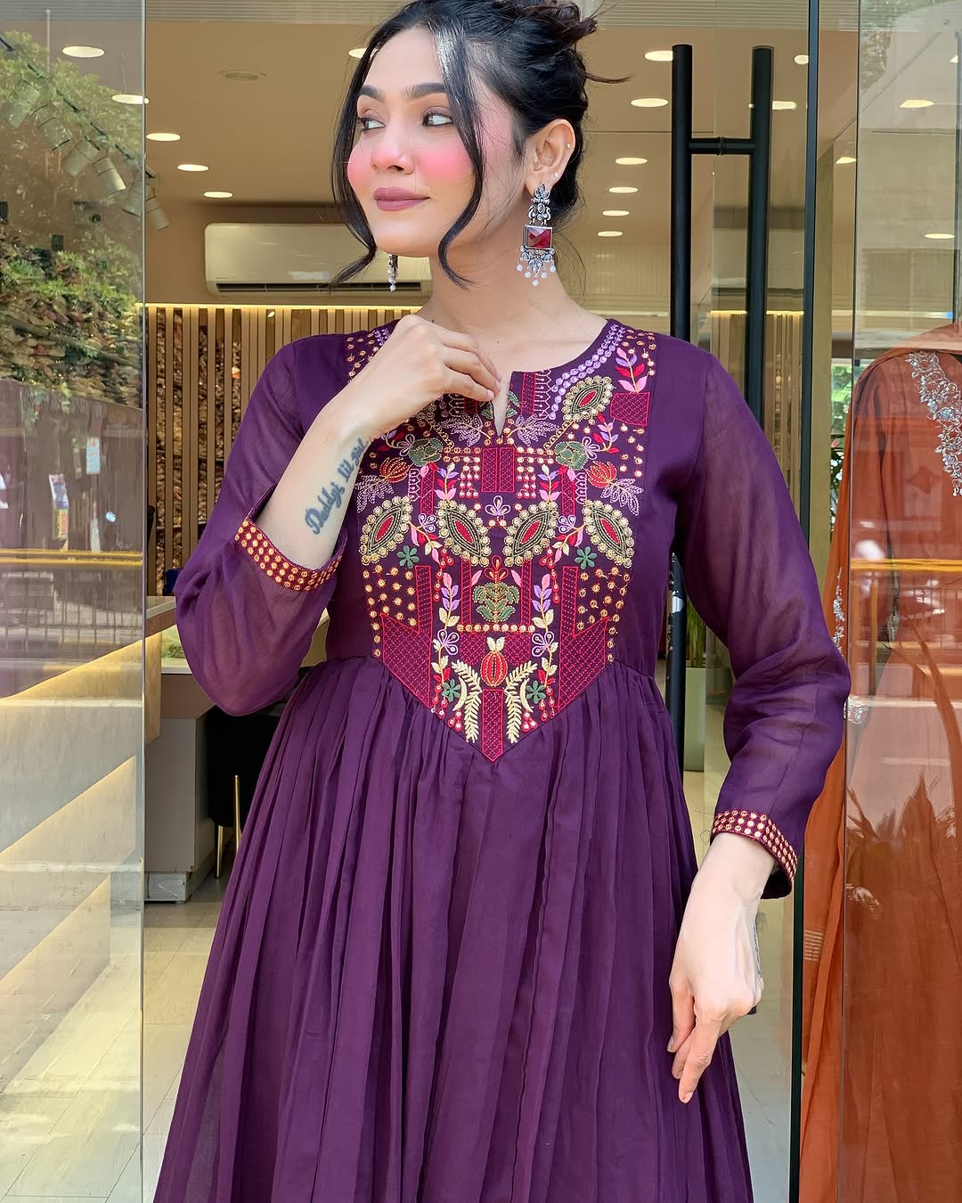 💜 Plum Purple Embroidered Anarkali Kurta Set with Sequin Work & Dupatta
