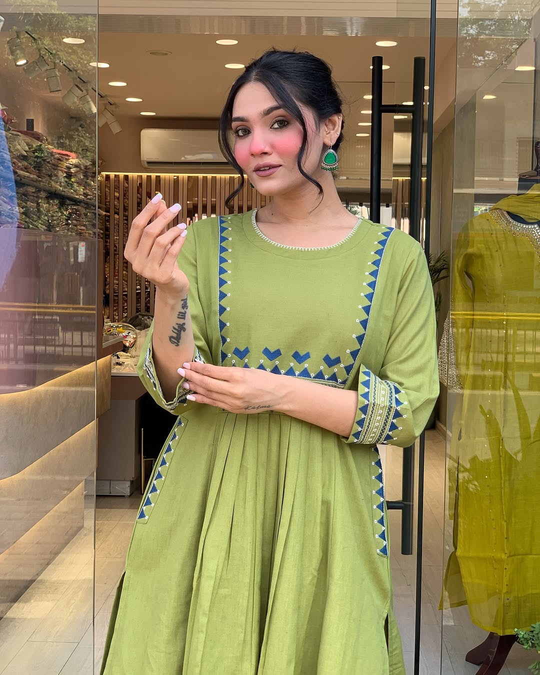 🌿 Olive Green Cotton Blend Kurta Pant Set with Blue Geometric Embroidery – Everyday Ethnic Wear for Women