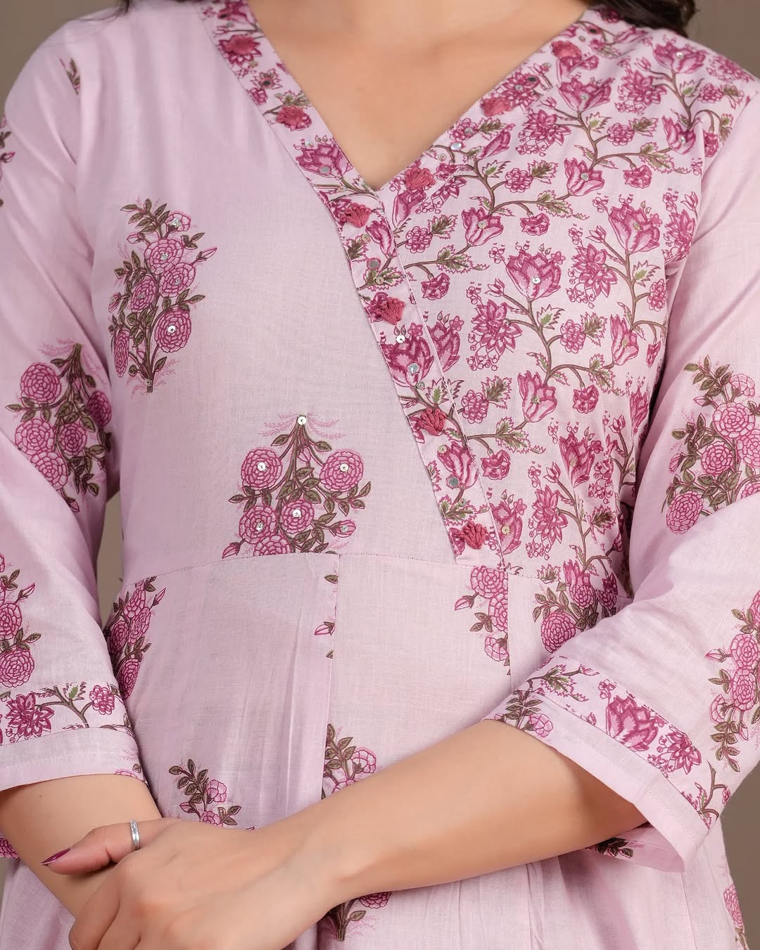 🌸 Blush Pink Floral Printed Cotton Anarkali Kurta Set with Dupatta – Stitched Ethnic Wear for Women