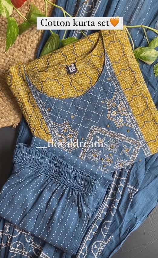 Yellow Cotton suit with embroidered cotton silk dupatta