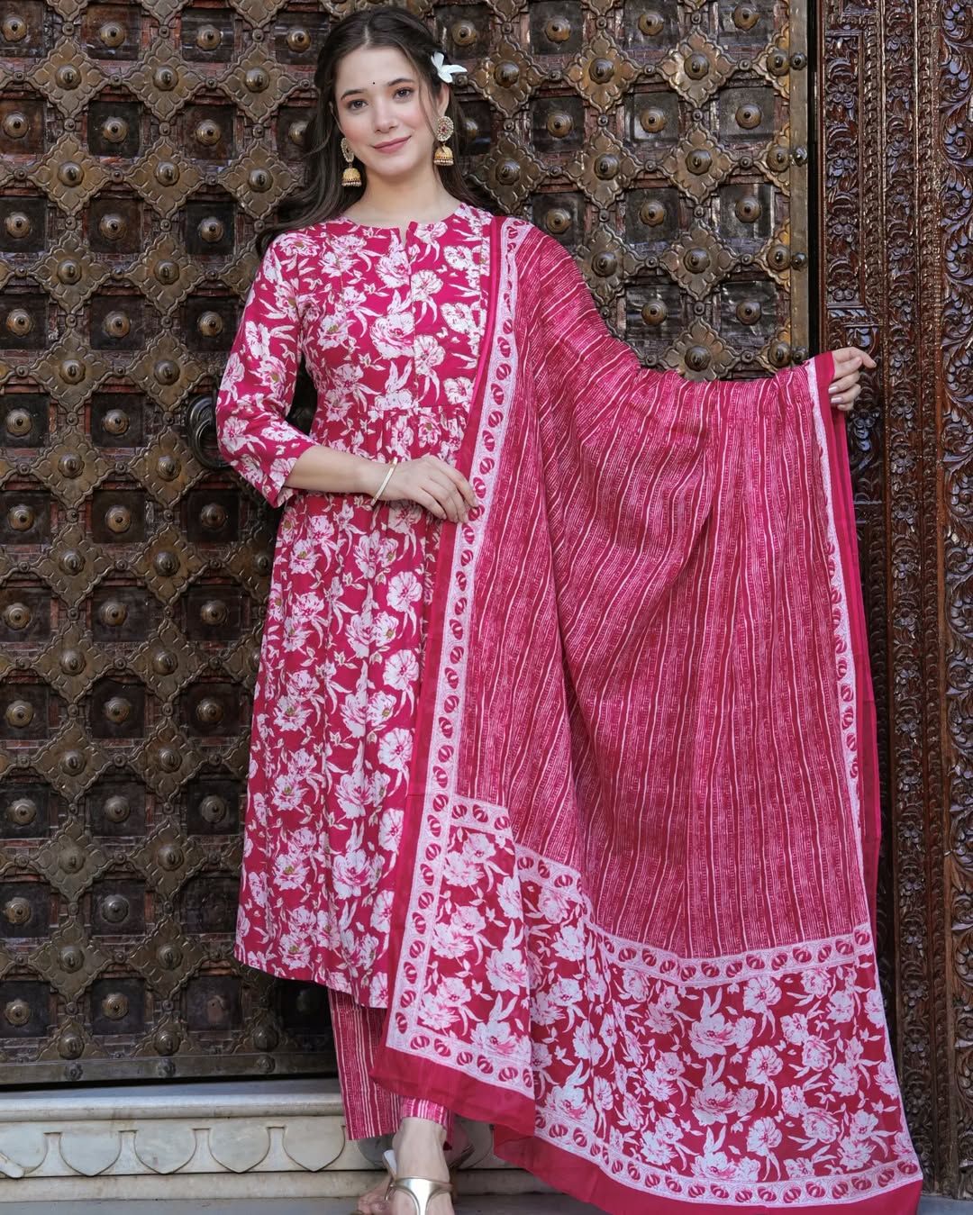 🌸 Hot Pink Floral Printed Cotton Anarkali Kurta Set with Dupatta – Stitched Ethnic Wear for Women