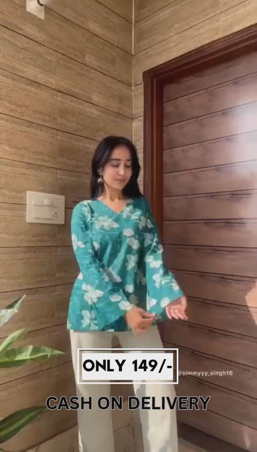 🌿 Teal Green Floral Printed Cotton Top with Flared Sleeves – Stitched Casual Wear for Women