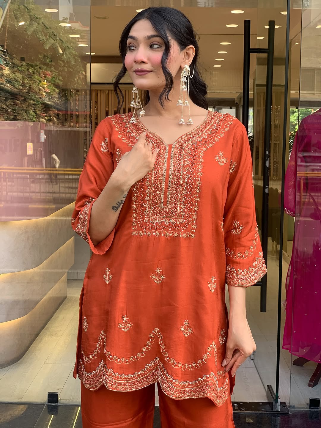 🧡 Burnt Orange Embroidered Kurta Set with Scallop Detailing & Dupatta