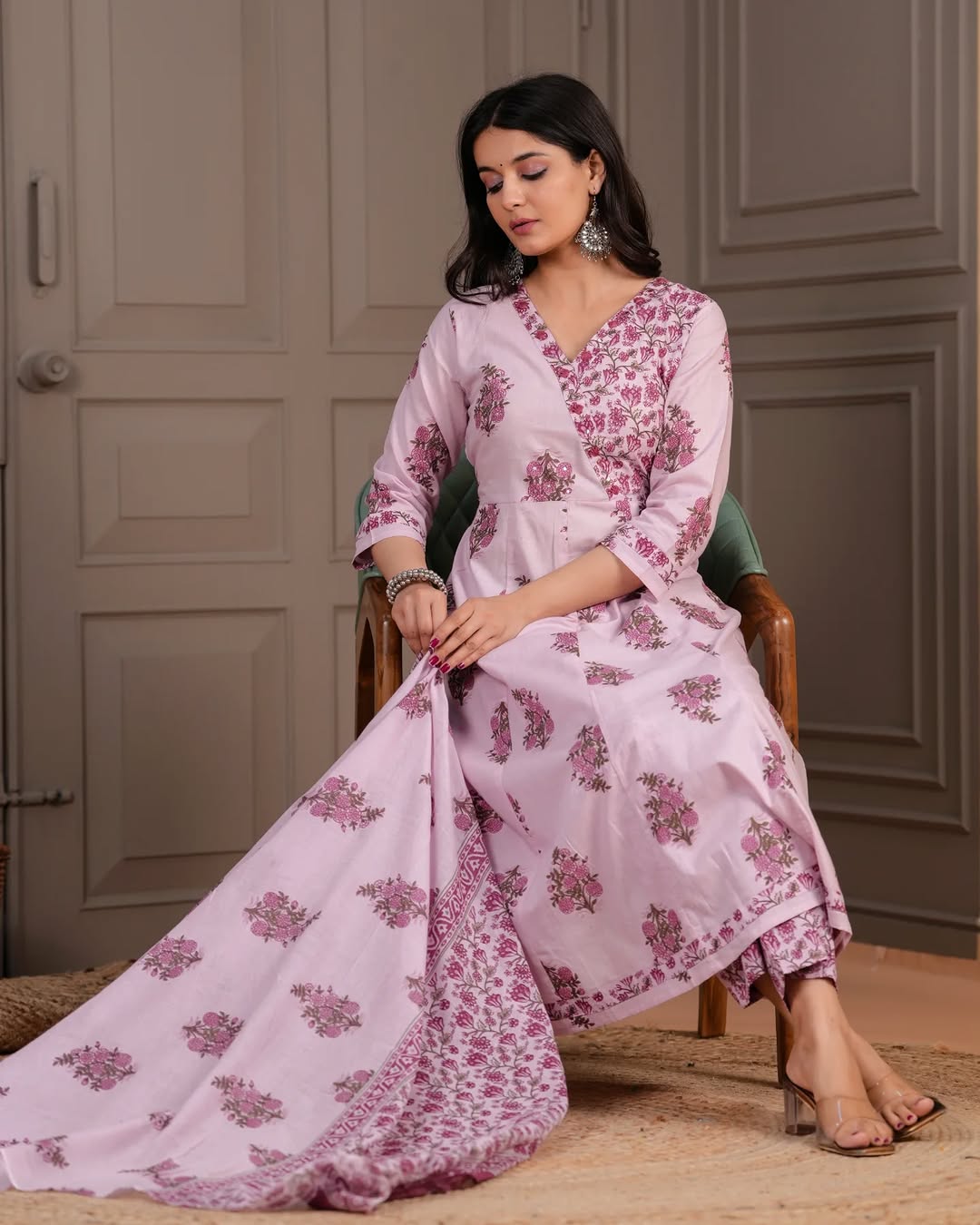 🌸 Blush Pink Floral Printed Cotton Anarkali Kurta Set with Dupatta – Stitched Ethnic Wear for Women