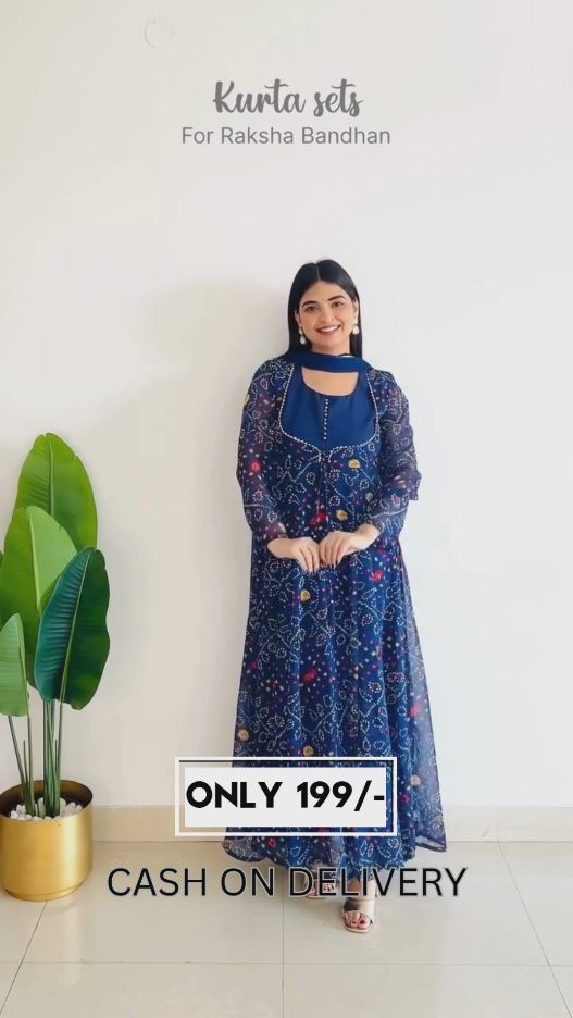 Navy Blue Printed Anarkali Kurta Set with Dupatta | Raksha Bandhan Special | ₹199 COD