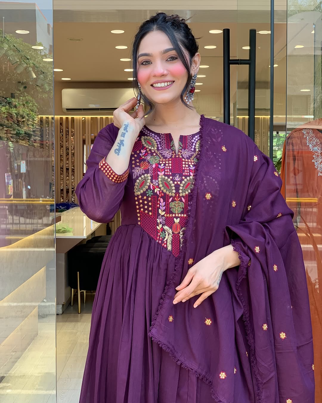 💜 Plum Purple Embroidered Anarkali Kurta Set with Sequin Work & Dupatta