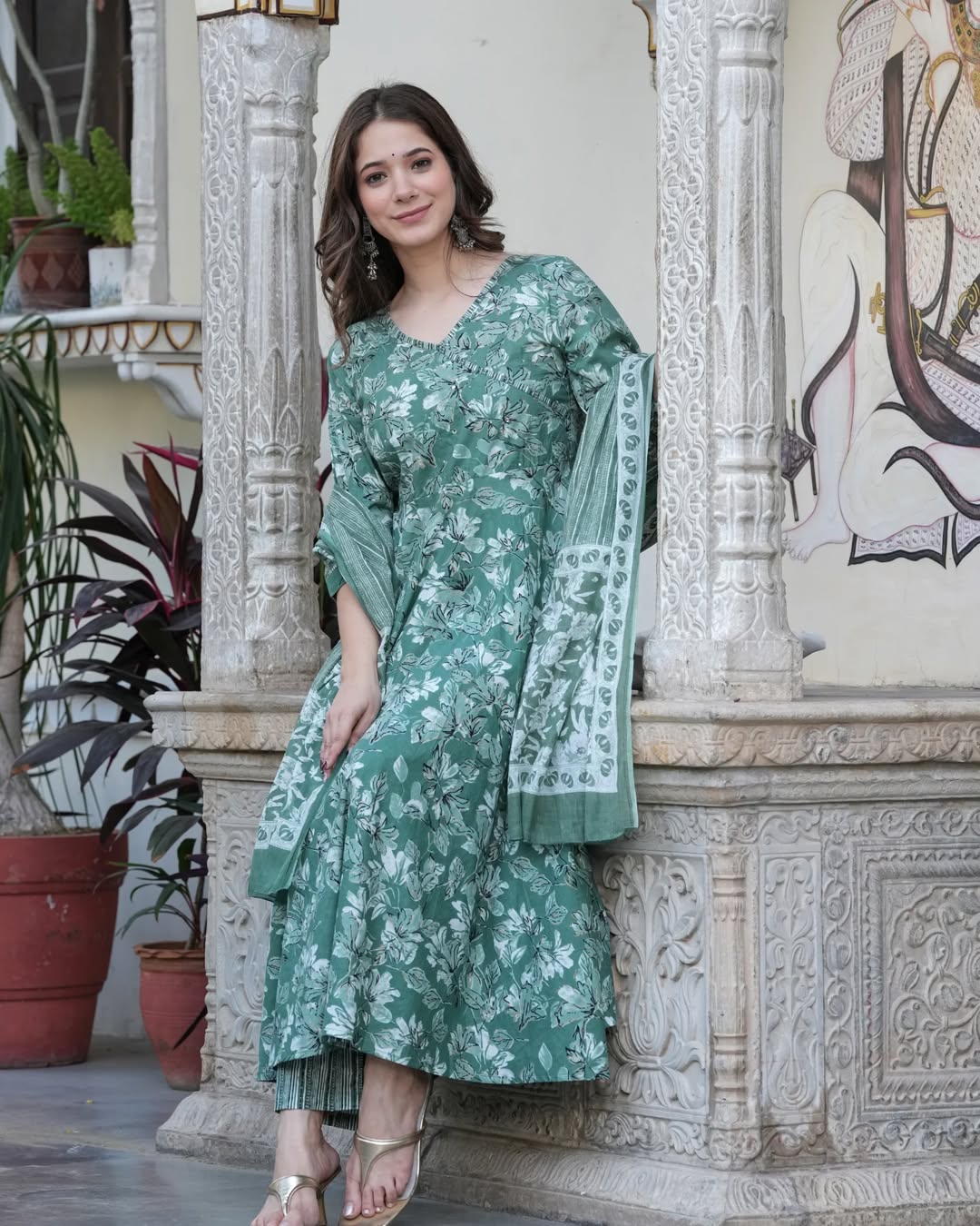 🌿 Sage Green Floral Printed Cotton Anarkali Kurta Set with Dupatta – Stitched Ethnic Wear for Women