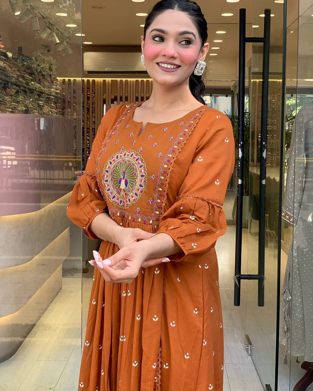 🌟 Rust Orange Mirror Embroidered Flared Kurta Set with Dupatta & Pants