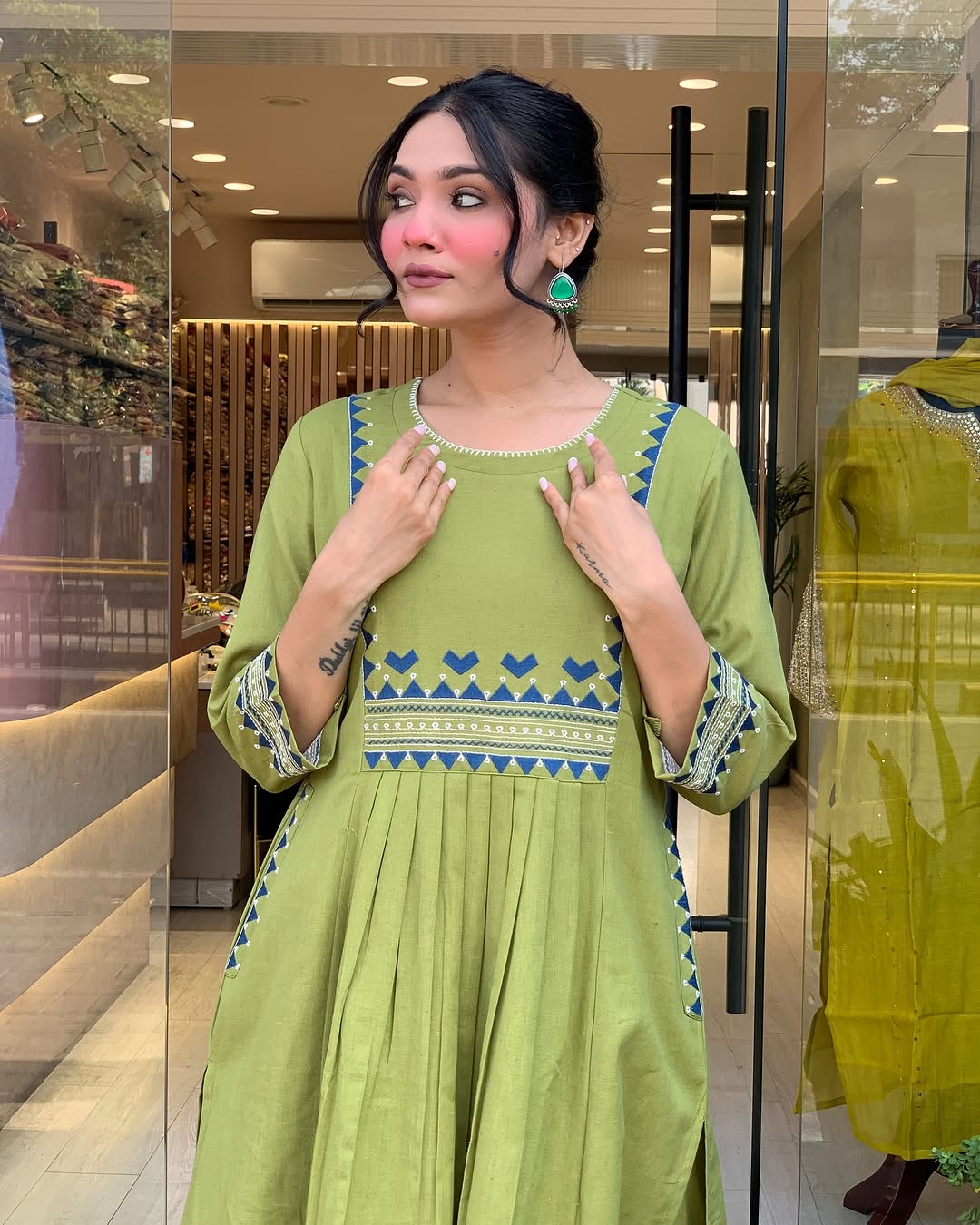🌿 Olive Green Cotton Blend Kurta Pant Set with Blue Geometric Embroidery – Everyday Ethnic Wear for Women