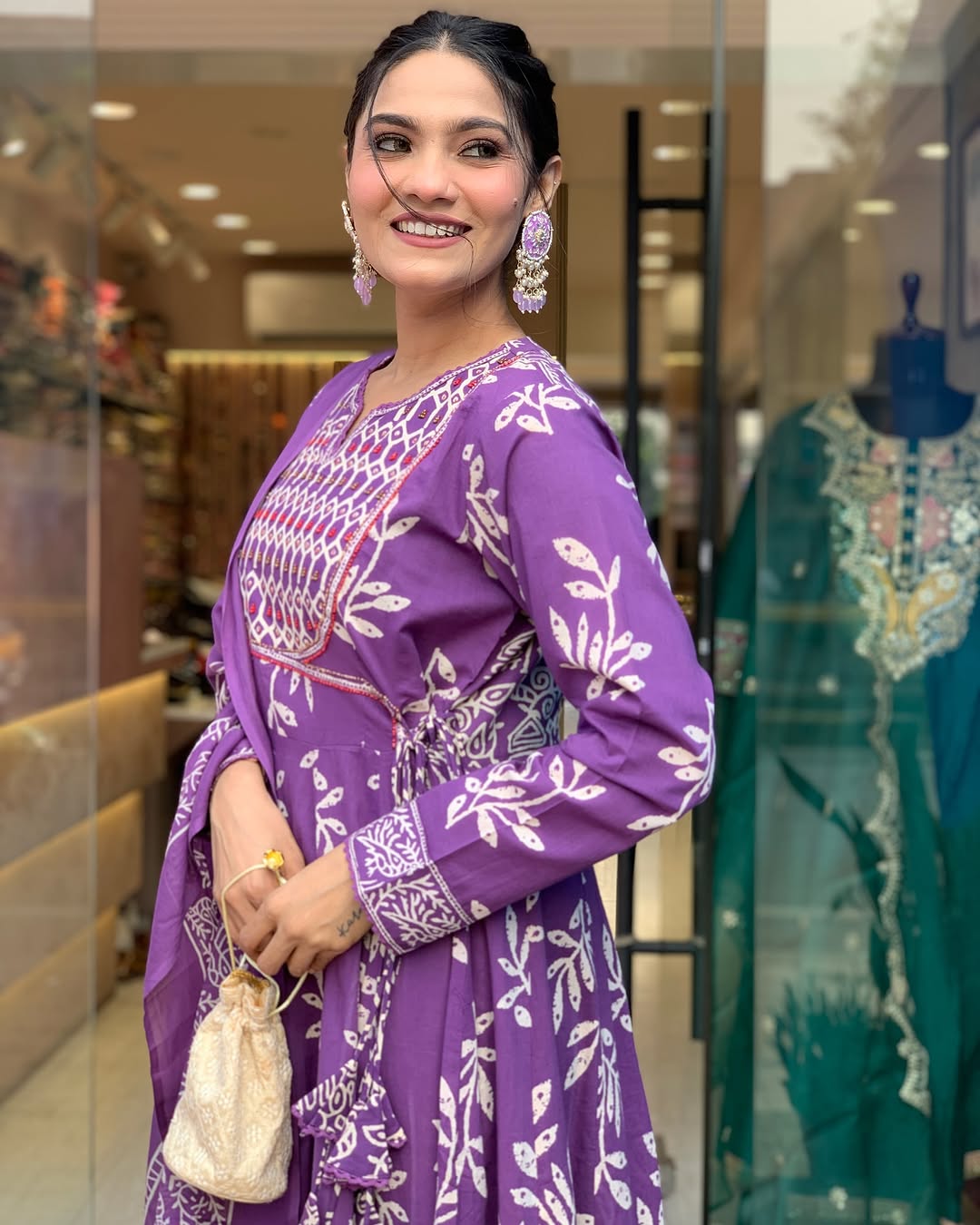 💜 Royal Purple Handblock Print Anarkali Set with Dupatta – Ethnic Grace