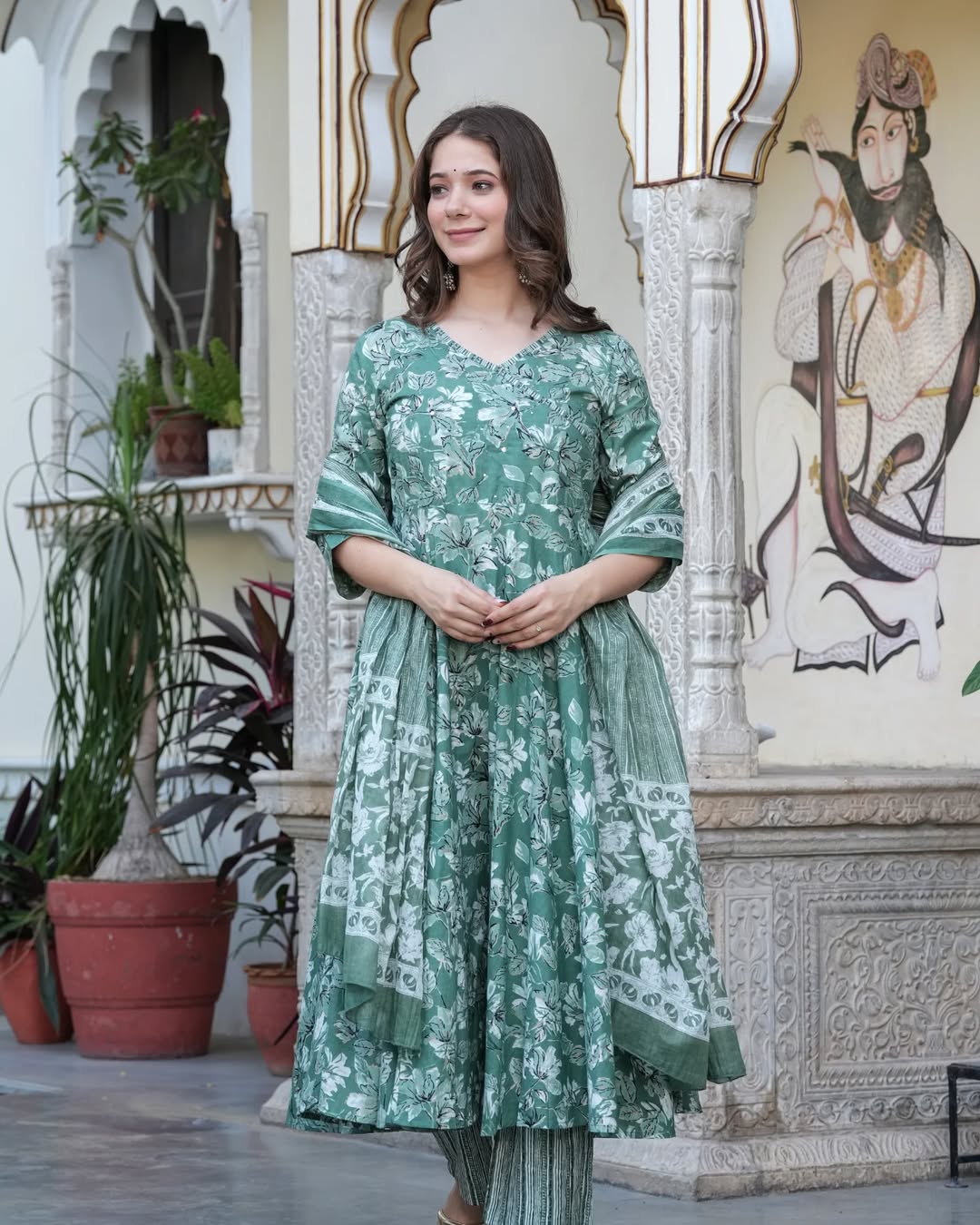 🌿 Sage Green Floral Printed Cotton Anarkali Kurta Set with Dupatta – Stitched Ethnic Wear for Women