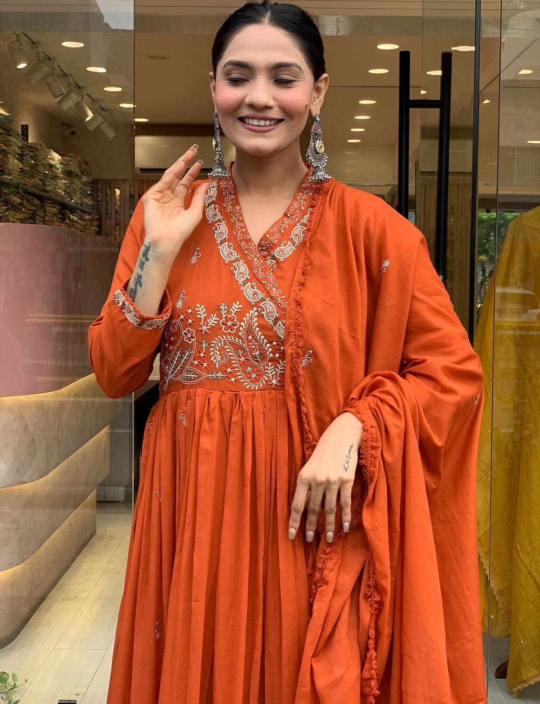 🧡 Rust Orange Georgette Anarkali Kurta Set with Golden Embroidery & Dupatta – Festive Wear for Women