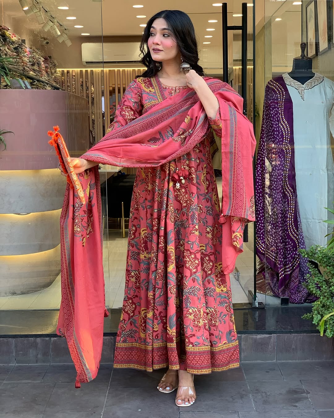 🌺 Rust Pink Floral Printed Cotton Anarkali Kurta Set with Dupatta – Traditional Festive Wear for Women