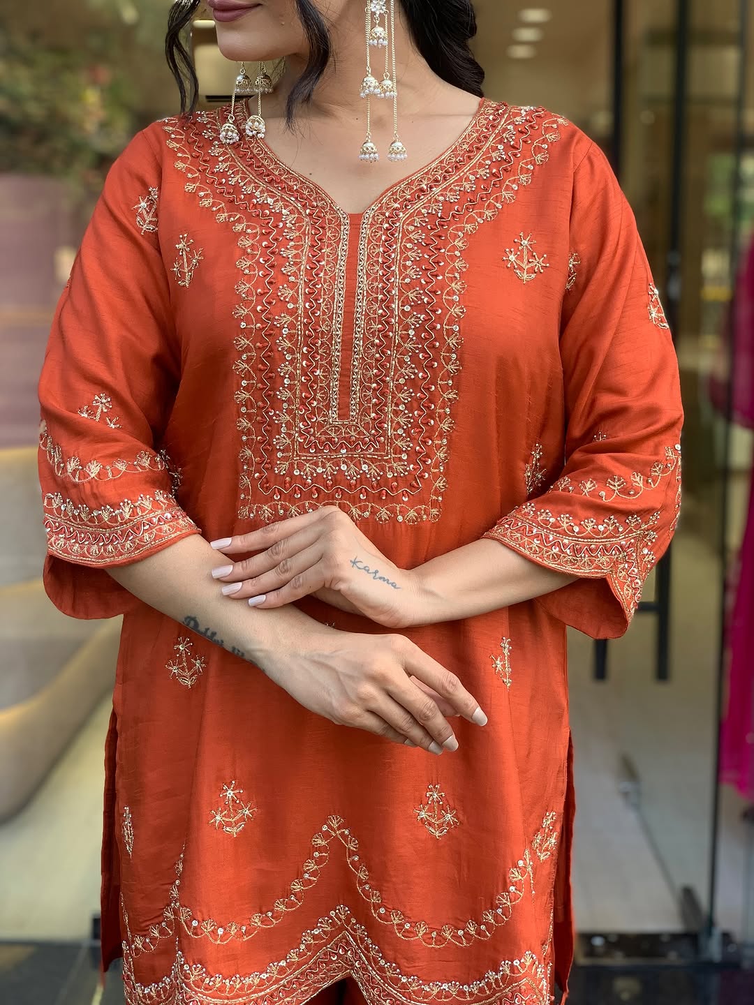 🧡 Burnt Orange Embroidered Kurta Set with Scallop Detailing & Dupatta